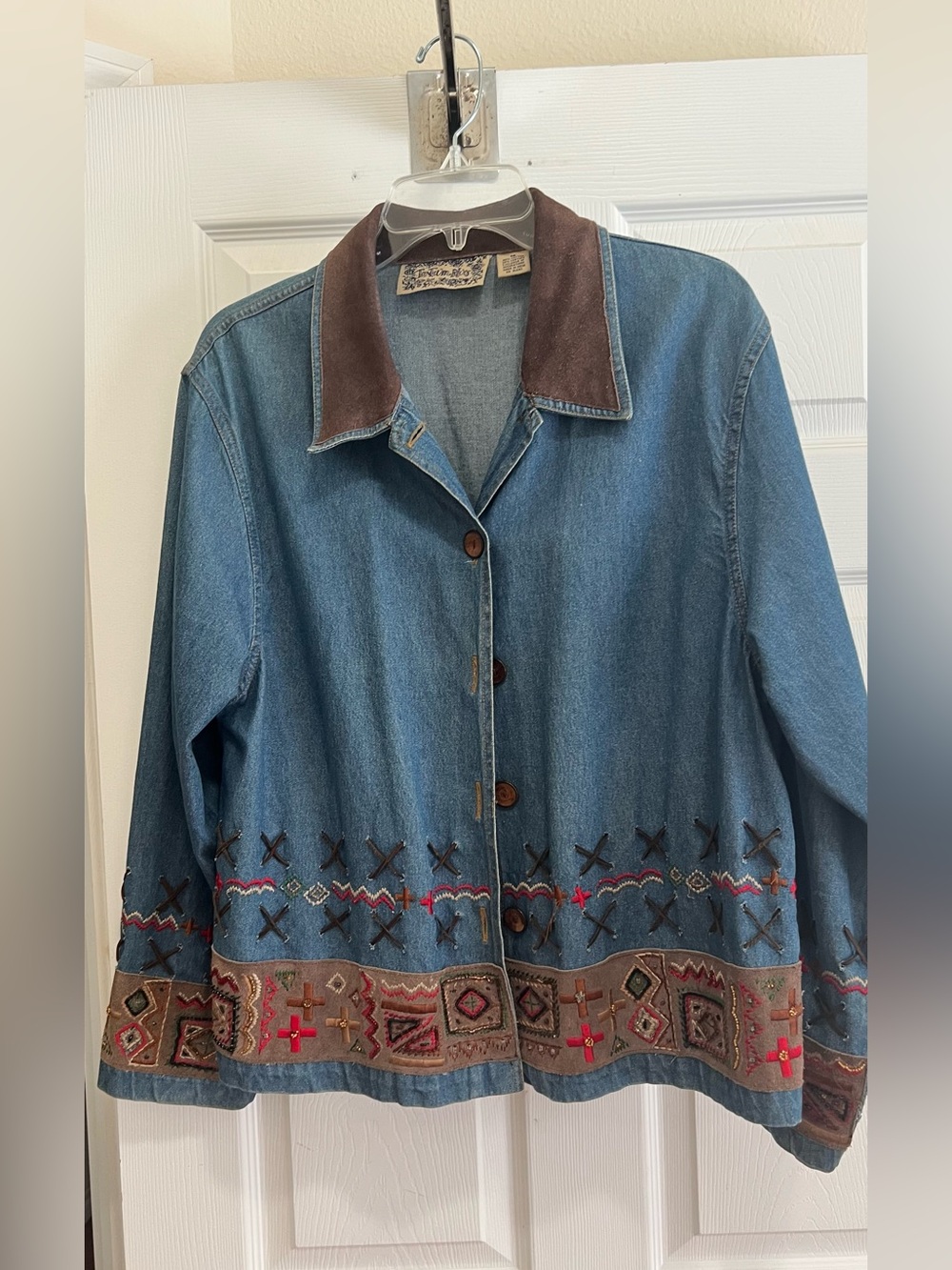 Vintage Tantrum Blues Denim Jacket M Leather Collar Embroidered Boho Western